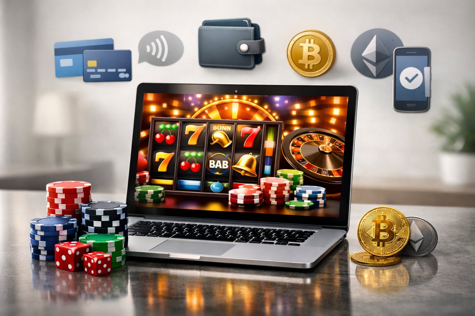 A Laptop Showing An Online Casino Interface With Casino Chips And Icons Representing Different Payment Methods On A Clean Workspace.