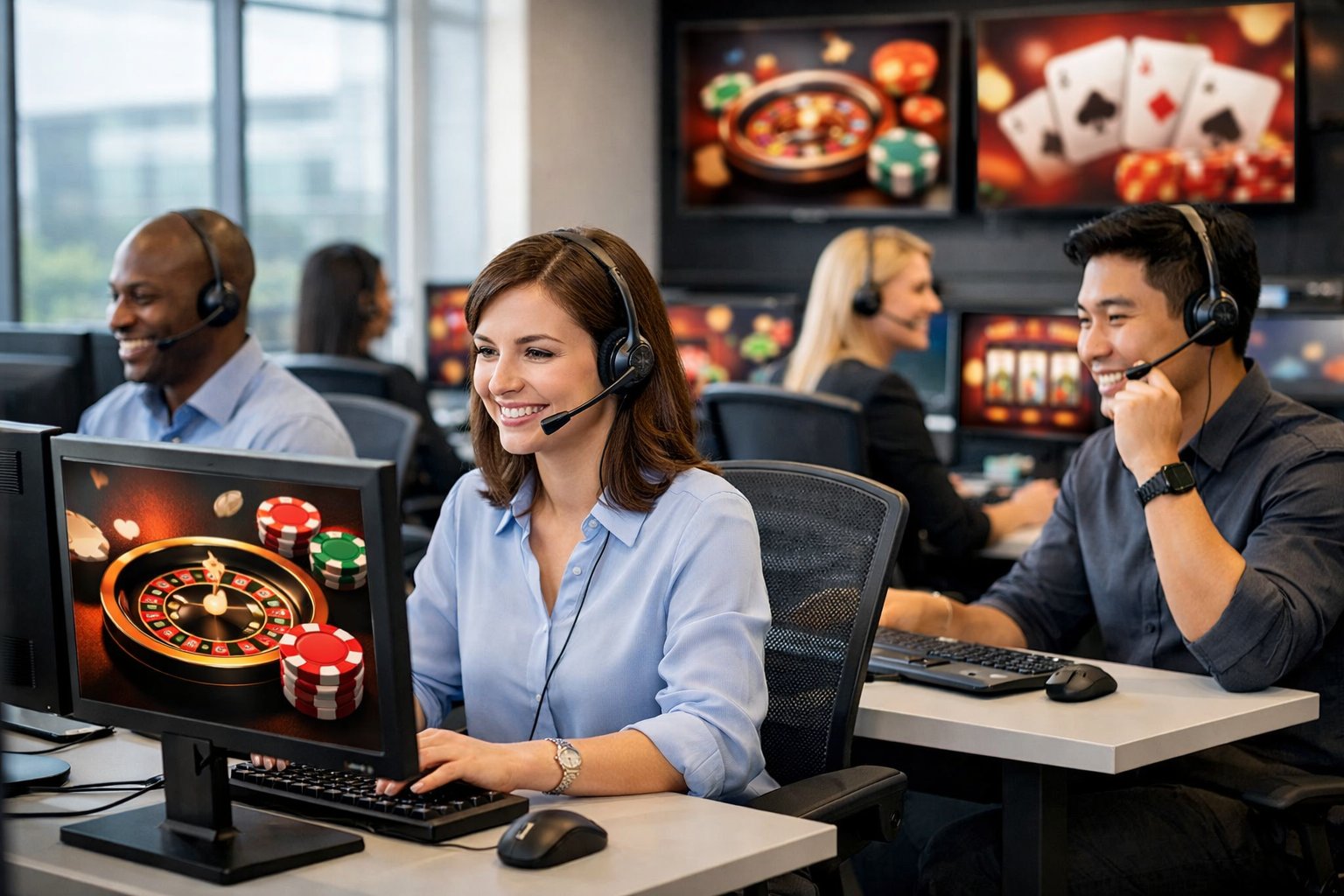 Customer Support Agents Wearing Headsets Working At Computers In A Bright Office With CasinoThemed Visuals In The Background.