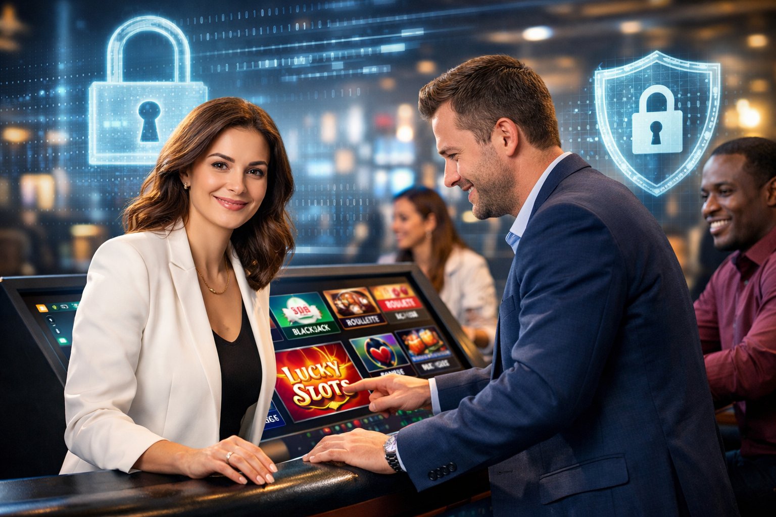 People Interacting With A Touchscreen Casino Game In A Secure And Professional Environment Symbolizing Safety And Fairness.