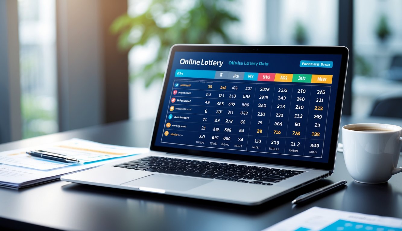 Seorang profesional menggunakan laptop dengan tampilan data keluaran togel yang akurat di meja kerja yang rapi.