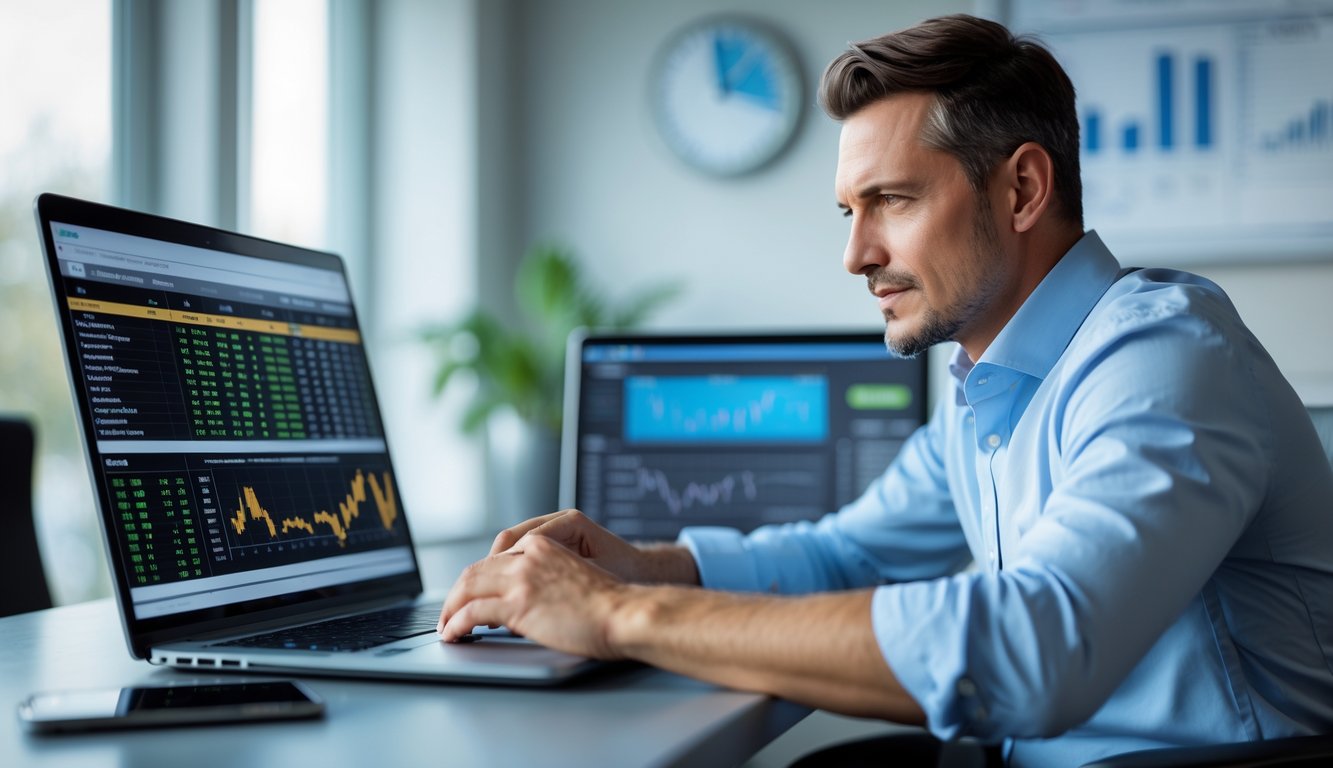 Seorang pria duduk di meja dengan laptop yang menampilkan data balap kuda, terlihat fokus dan percaya diri.