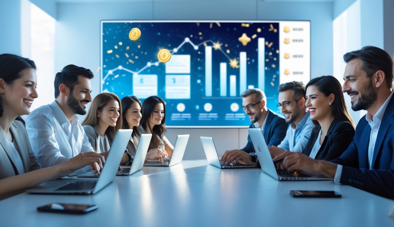 Sekelompok orang menggunakan laptop dan ponsel di ruangan modern yang terang, menunjukkan aktivitas bermain togel online dengan suasana gembira dan percaya diri.