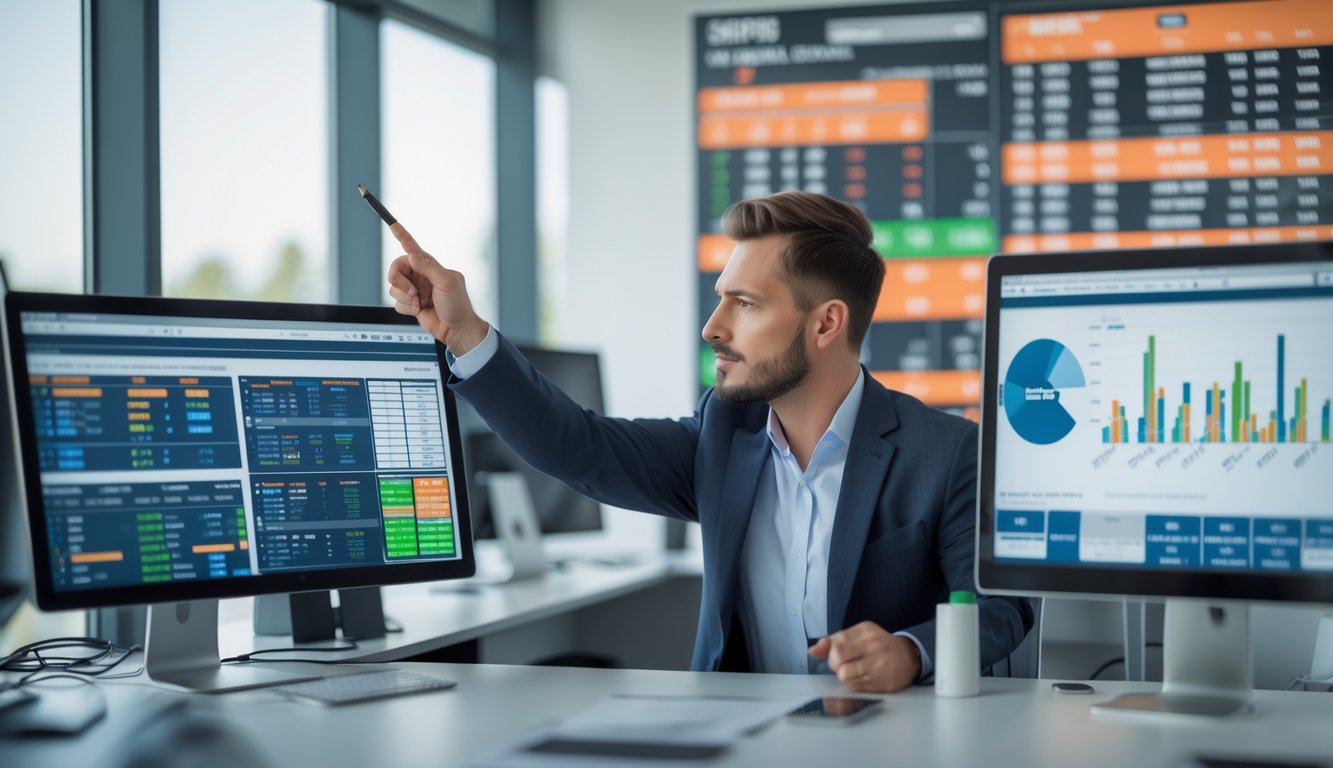 Seorang analis sedang mempelajari data balap kuda di depan beberapa monitor komputer di sebuah kantor modern.