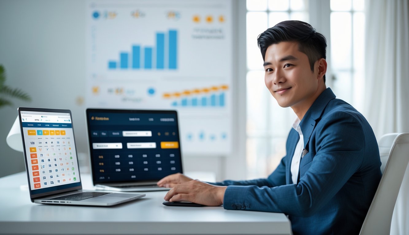 Seorang pria muda duduk di depan laptop di ruang kerja modern, terlihat fokus dan percaya diri saat menggunakan aplikasi togel online.