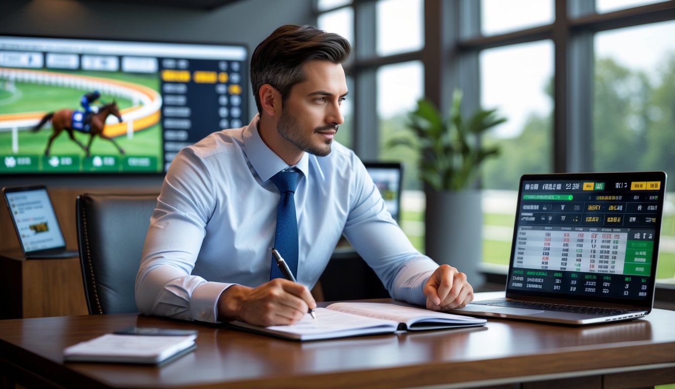 Seorang pria berpengalaman sedang menganalisis data balap kuda di meja dengan beberapa layar dan perangkat elektronik.