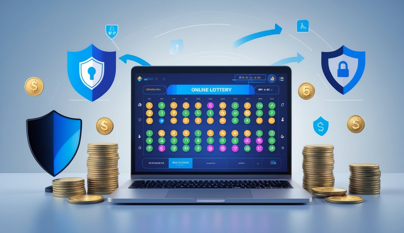 Seorang profesional menggunakan laptop di meja kerja dengan tampilan antarmuka lotere online dan simbol keamanan serta uang di sekitarnya.