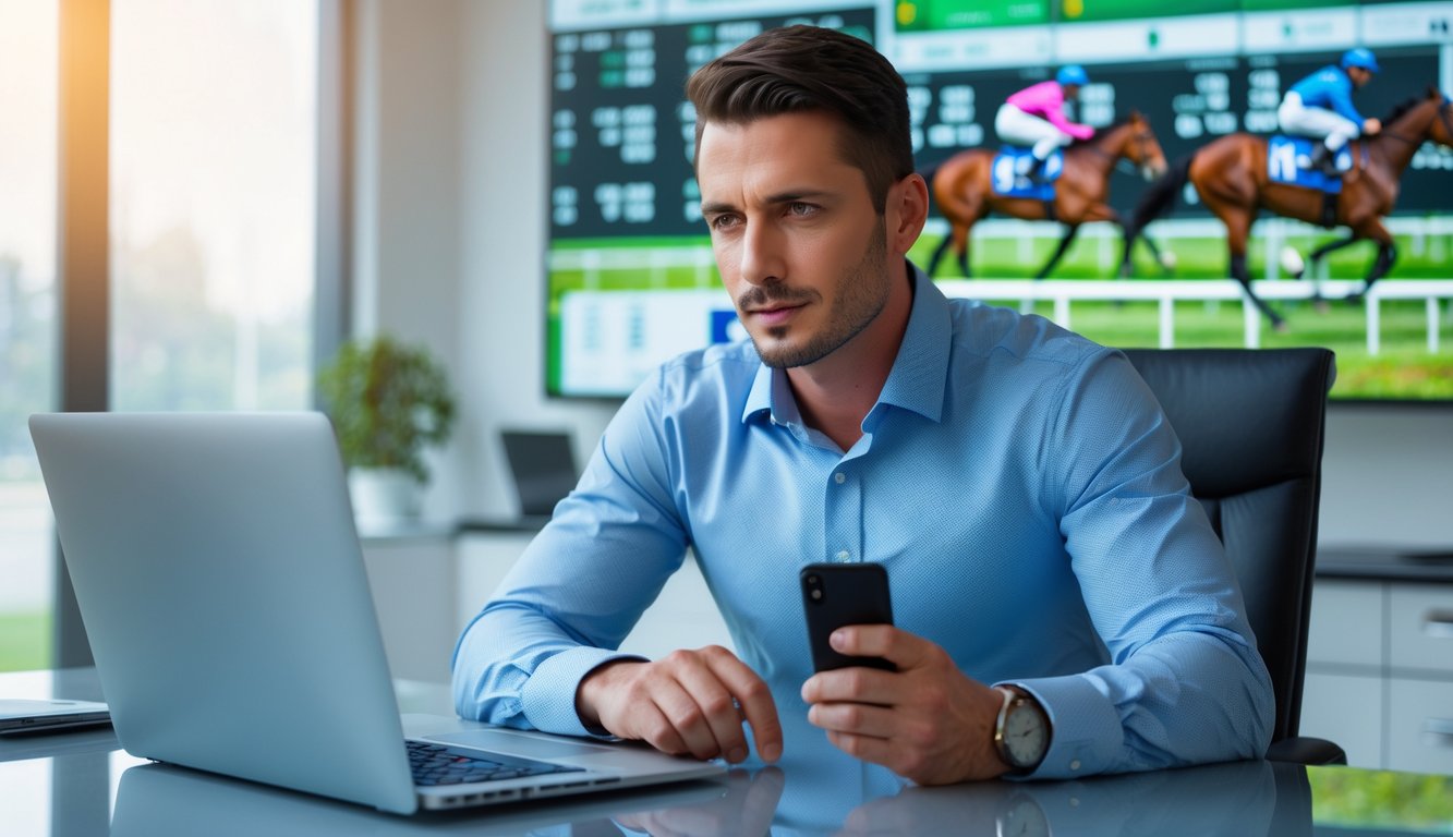 Seorang pria duduk di meja dengan laptop dan ponsel, melihat data balap kuda di layar besar di ruang kantor yang terang dan rapi.