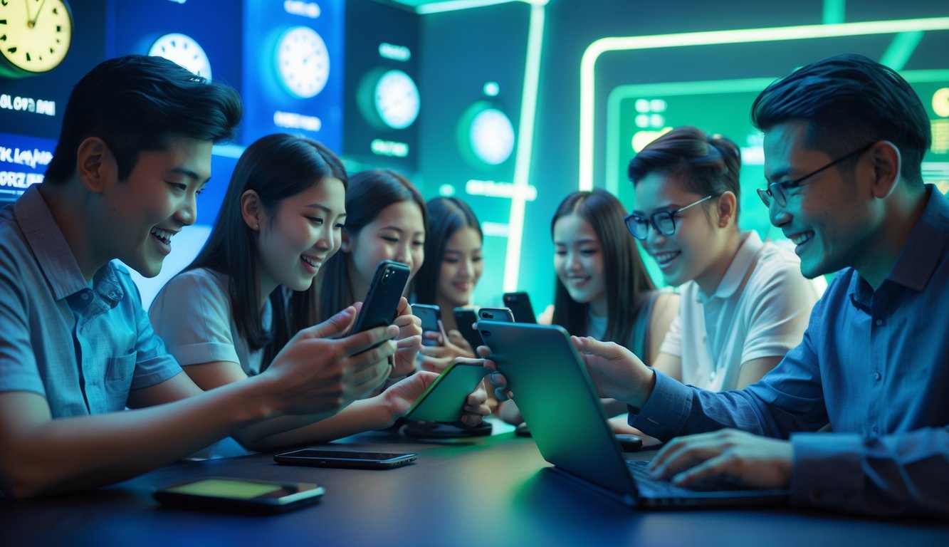 Sekelompok orang menggunakan perangkat digital dengan ekspresi antusias dalam suasana gaming online yang modern dan cerah.