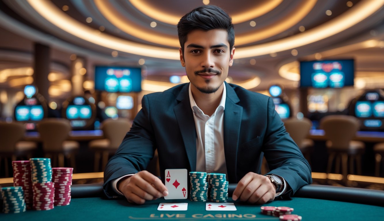 Seorang pria muda duduk di meja kasino dengan kartu dan chip, suasana kasino yang mewah dan terang di latar belakang.