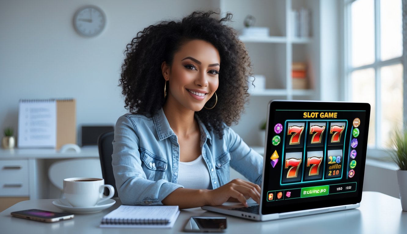 Seorang dewasa muda duduk di meja modern sambil bermain permainan slot online di laptop dengan ekspresi fokus dan senang.