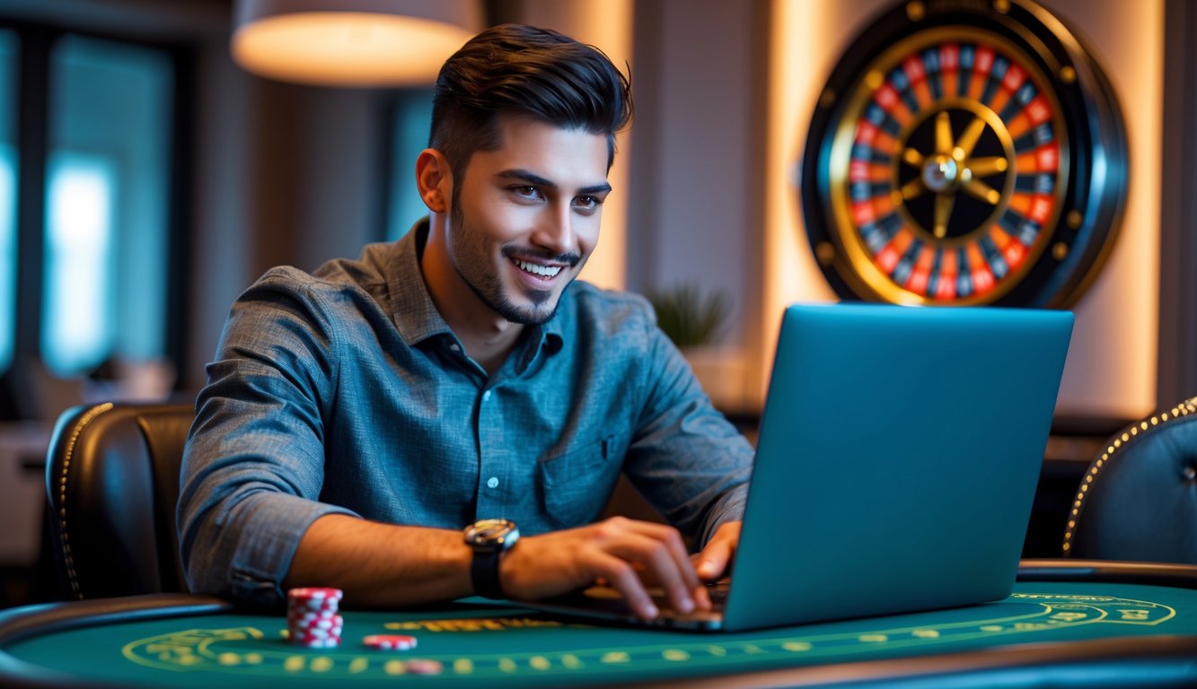 Seorang pria muda duduk di meja kasino modern menggunakan laptop untuk bermain judi bandar live casino dengan ekspresi fokus dan percaya diri.