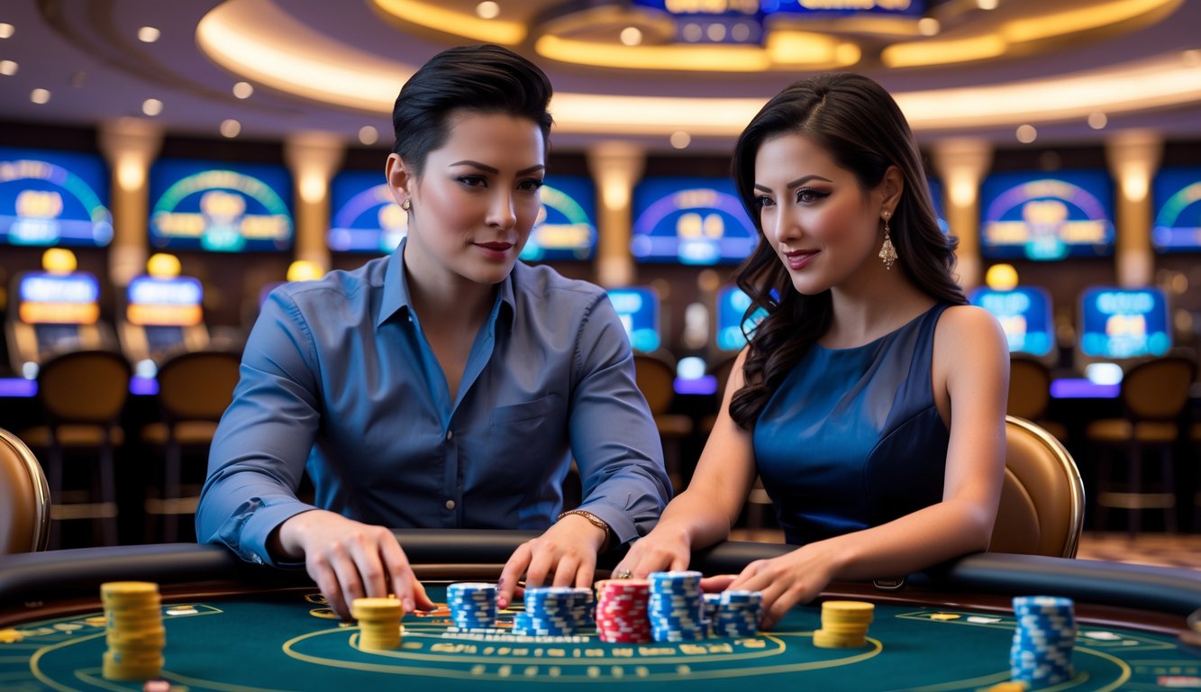 Seorang pria dan wanita duduk di meja kasino, fokus dan merencanakan strategi permainan di lingkungan kasino yang mewah.