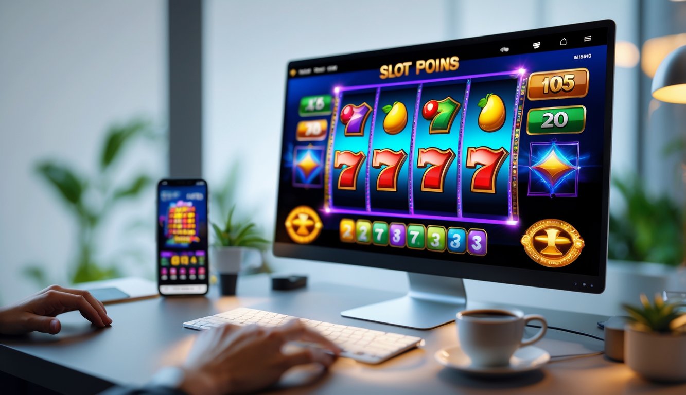Sebuah layar komputer menampilkan permainan slot online dengan gulungan warna-warni, dikelilingi oleh ponsel dan suasana kerja yang nyaman.