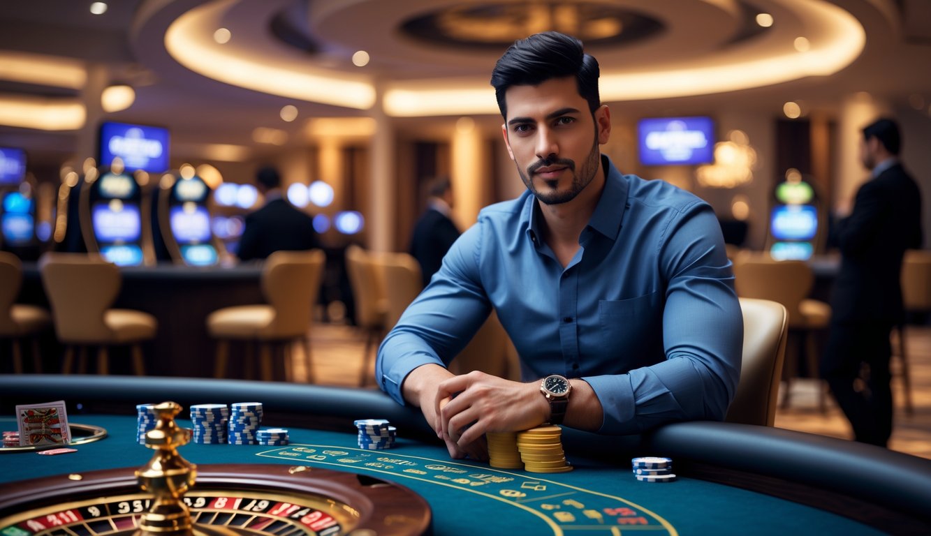 Seorang pria duduk di meja kasino dengan kartu dan chip, terlihat fokus dan percaya diri.