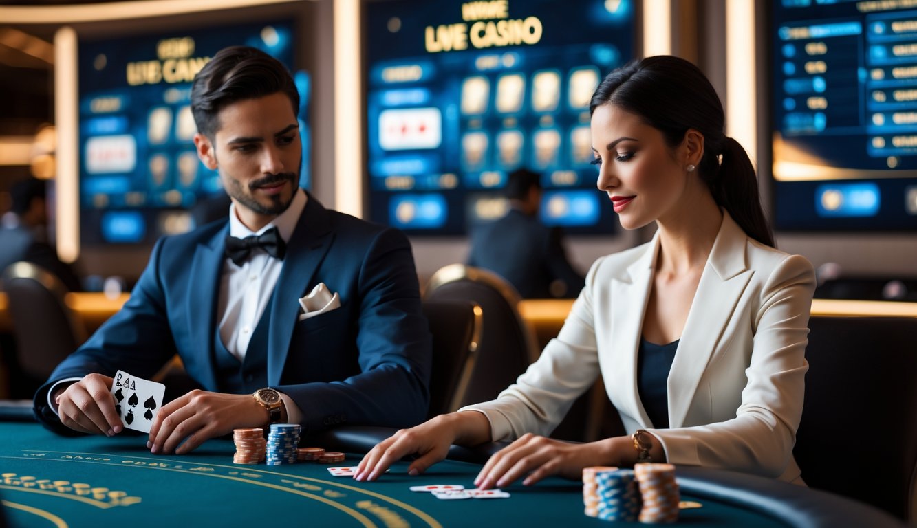 Seorang pria dan wanita duduk di meja kasino modern, fokus bermain kartu dan memasang chip dalam suasana kasino yang mewah dan terang.