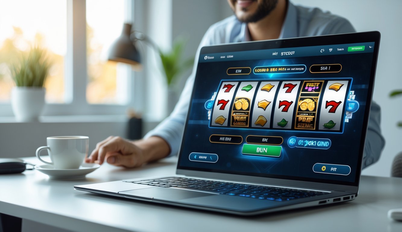 Seseorang yang fokus bermain permainan slot online di laptop di ruang kerja modern dengan pencahayaan alami.