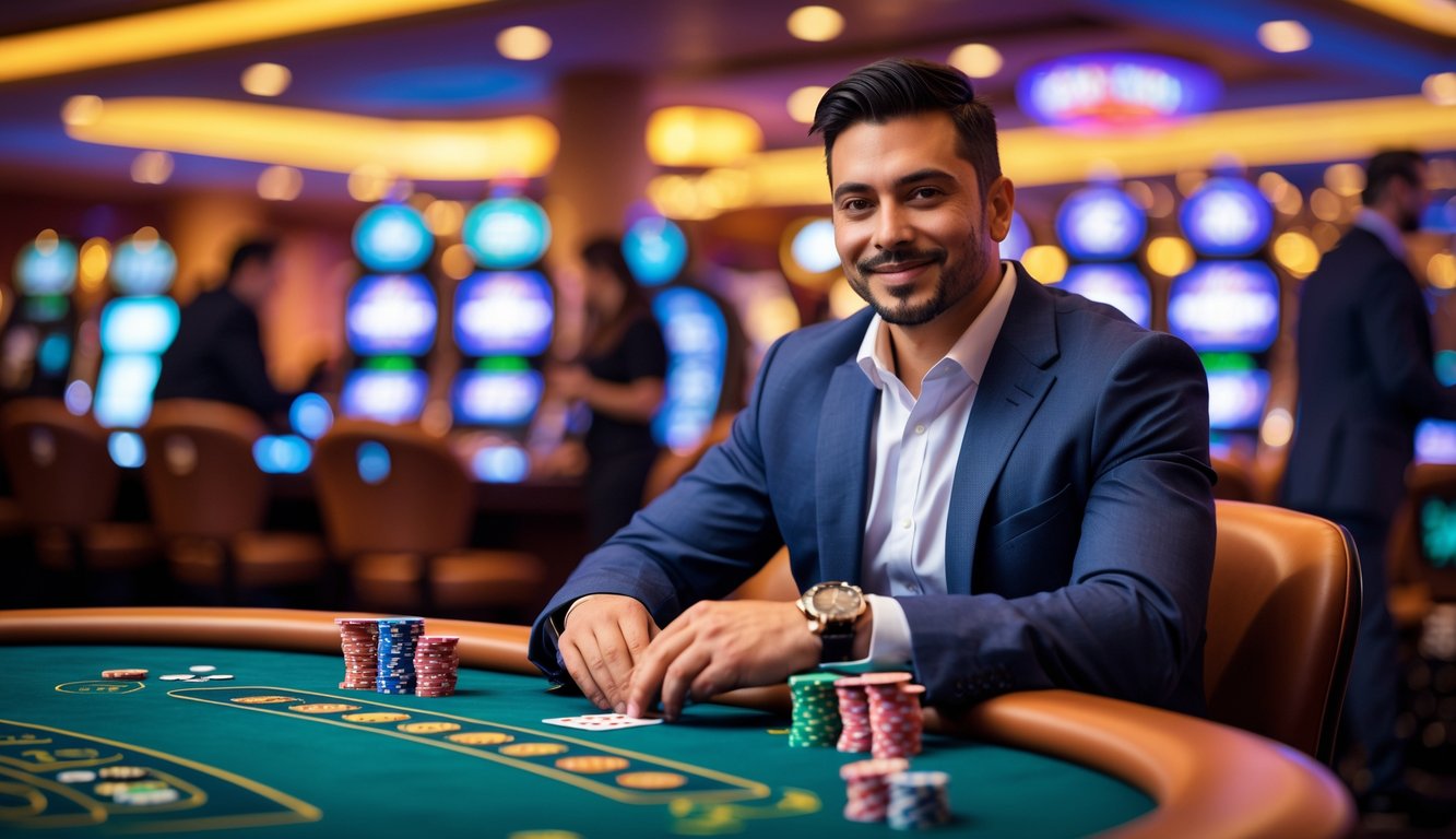 Seorang pria duduk di meja kasino dengan tumpukan chip dan kartu bermain, terlihat percaya diri dan fokus pada permainan.