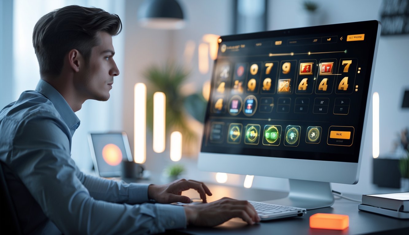 Seseorang sedang bermain slot online di komputer di ruang kerja yang rapi dan terang.