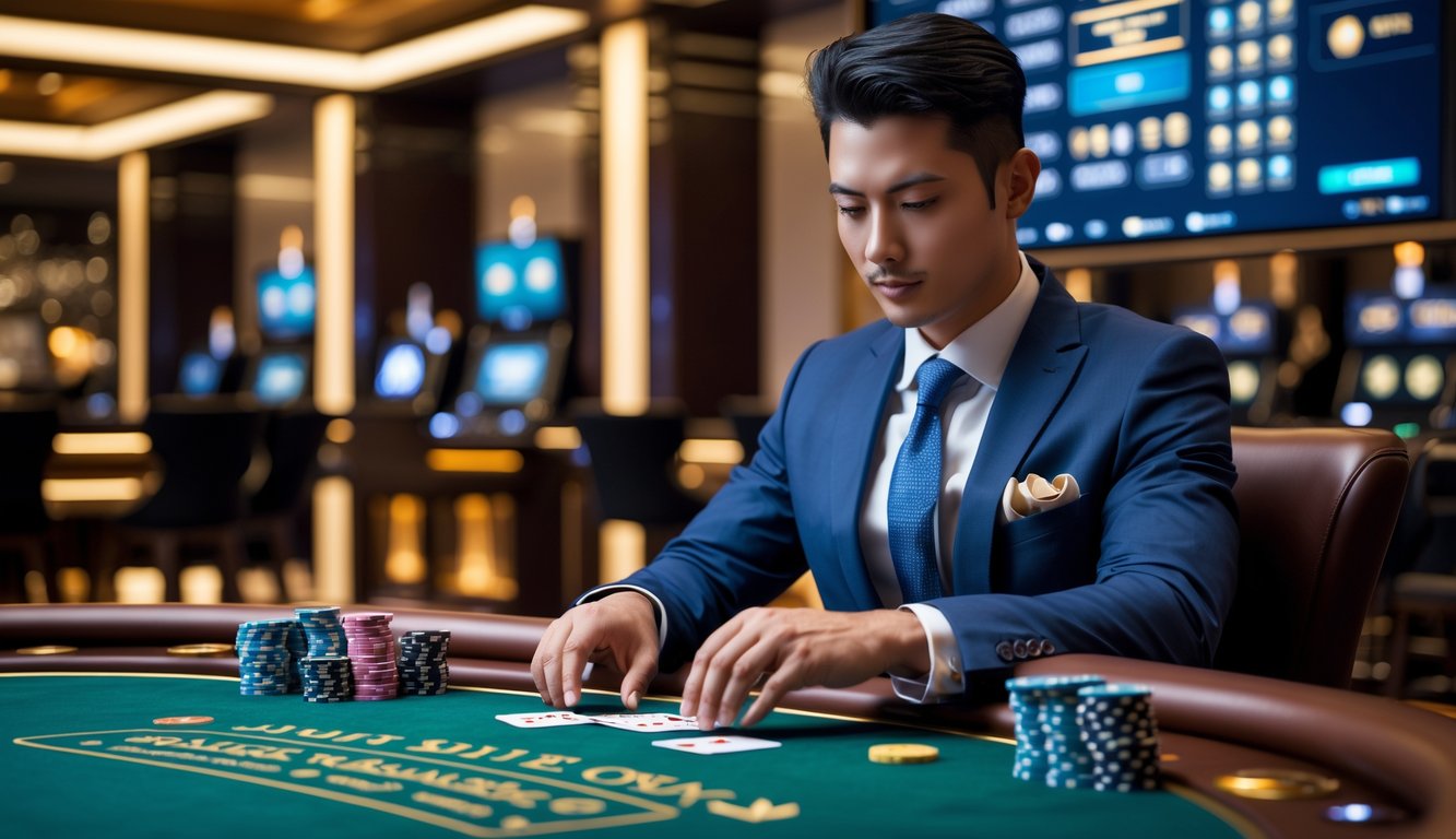 Seorang pemain berjudi yang percaya diri duduk di meja kasino dengan kartu dan chip, di dalam kasino langsung yang mewah.