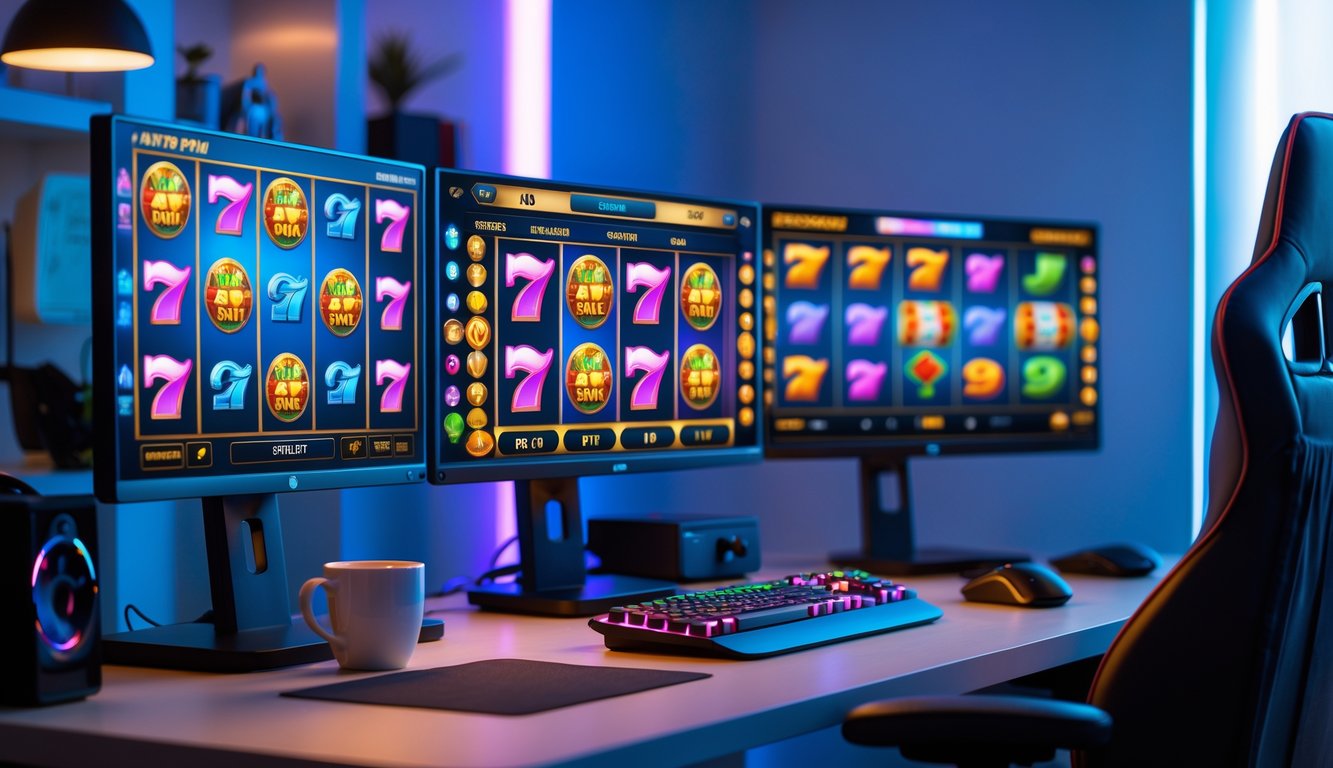 Sebuah ruang bermain game online dengan beberapa monitor menampilkan permainan slot yang berwarna-warni dan peralatan gaming di meja.