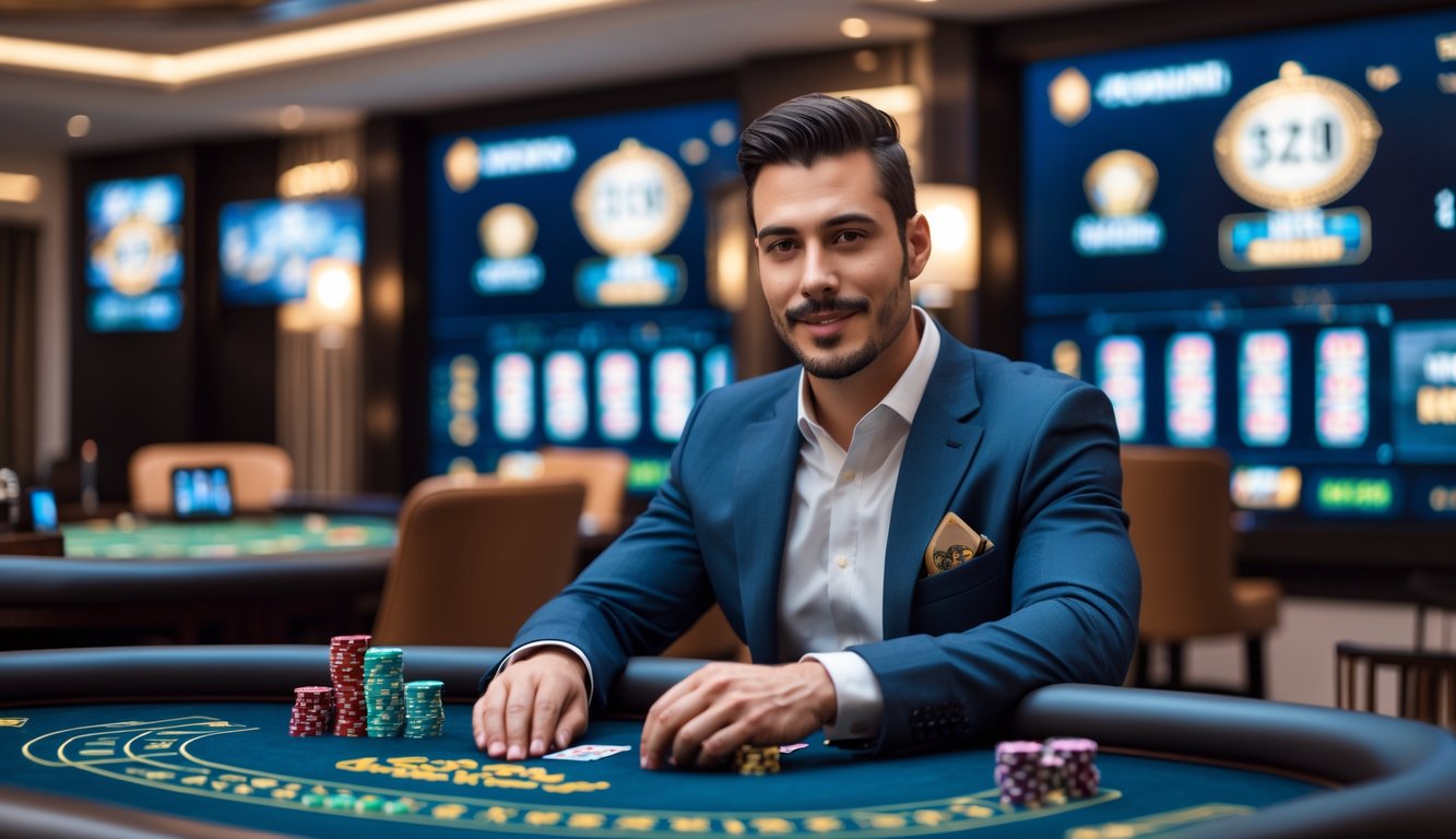 Seorang pria duduk di meja kasino modern dengan kartu dan chip, tampak fokus dan santai di lingkungan kasino langsung yang aman dan nyaman.