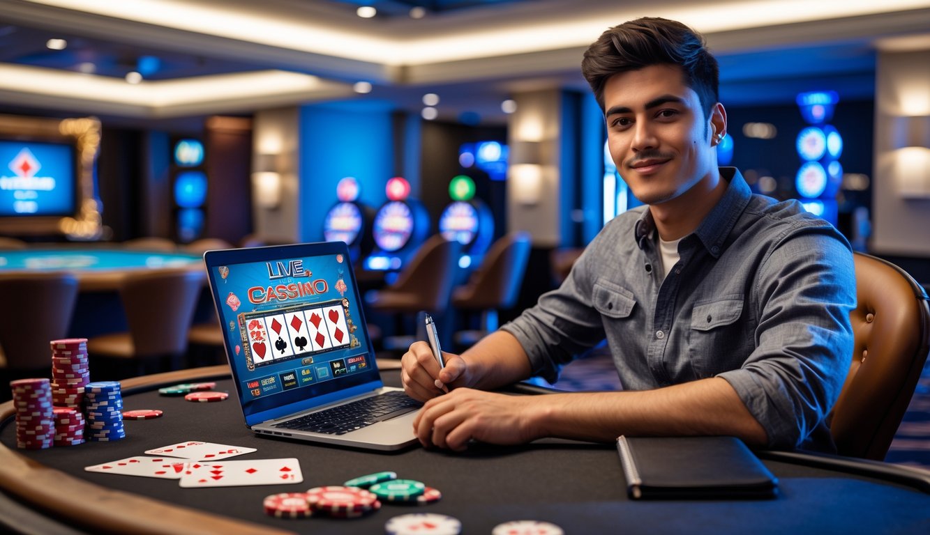 Seorang pria muda duduk di meja kasino modern sambil bermain permainan kasino langsung di laptop dengan alat tulis di sampingnya.