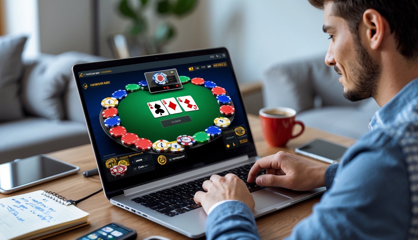 Seorang dewasa muda sedang bermain poker online di laptop dengan chip dan kartu poker di layar, duduk di meja dengan catatan dan kopi di sekitarnya.