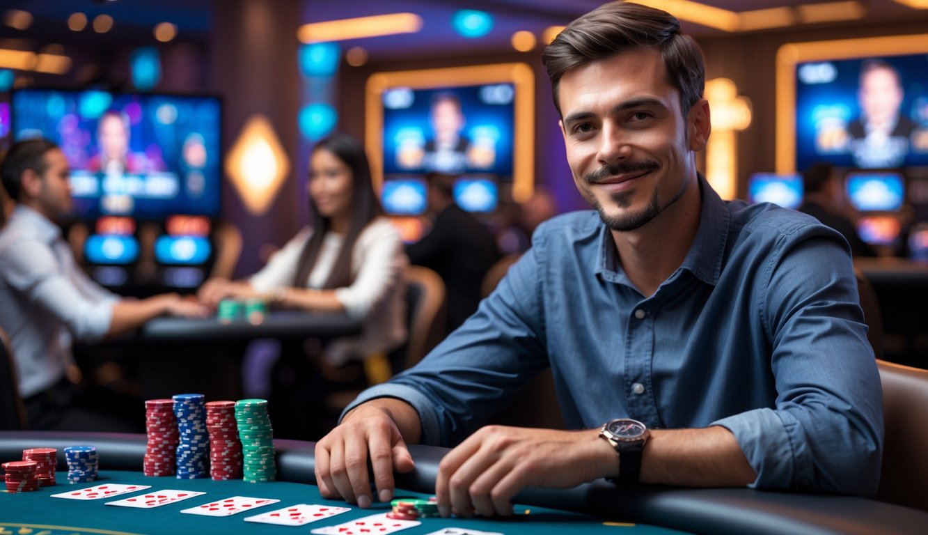 Seorang pria muda duduk di meja kasino dengan chip poker dan kartu, terlihat fokus dan percaya diri di lingkungan kasino langsung yang modern.