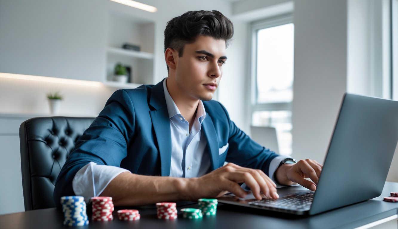 Seorang dewasa muda sedang bermain poker online dengan fokus di depan laptop di sebuah ruangan modern yang rapi.