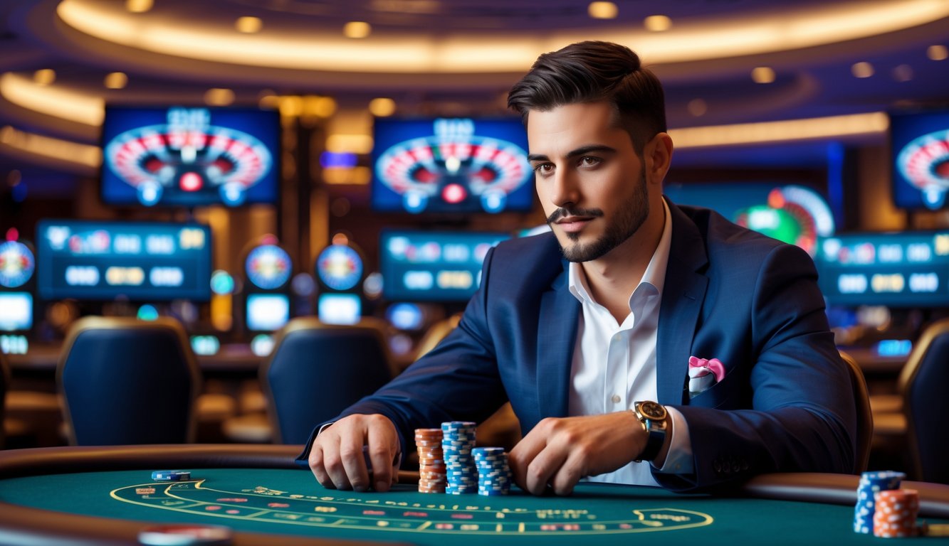 Seorang pria duduk di meja kasino dengan kartu dan chip, fokus dan strategis di depan layar dealer langsung.