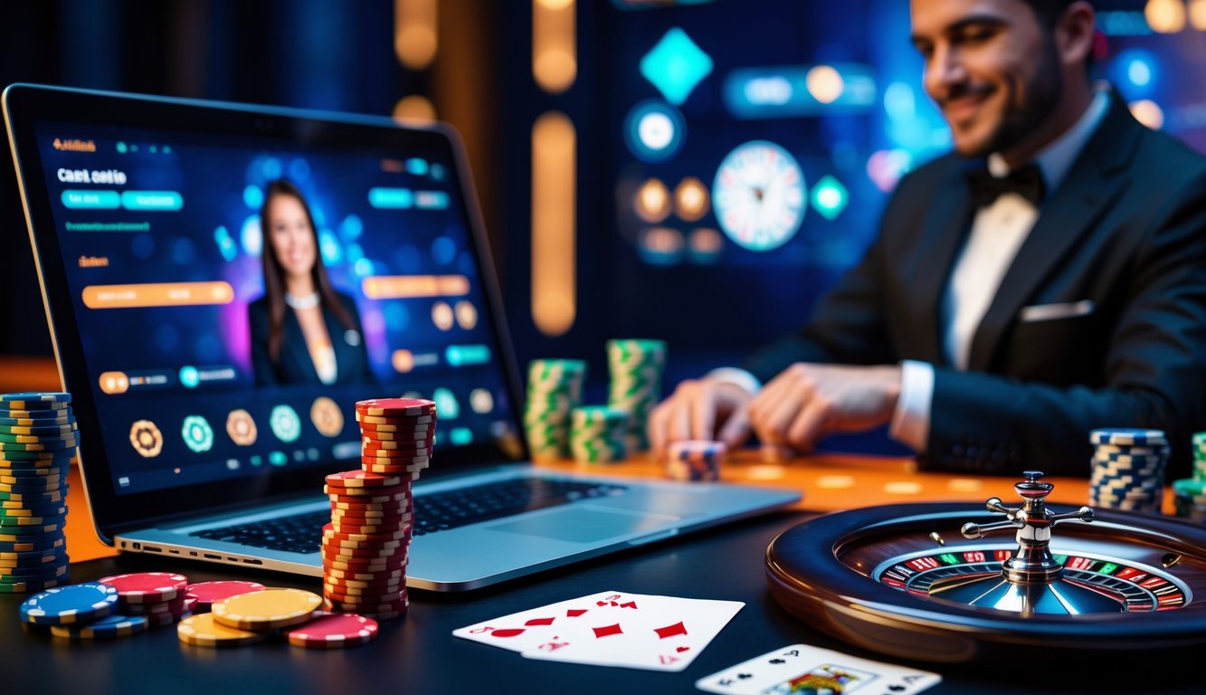 Seorang pengguna sedang bermain judi kasino langsung online dengan laptop, di meja terdapat chip kasino, kartu remi, dan roda roulette.