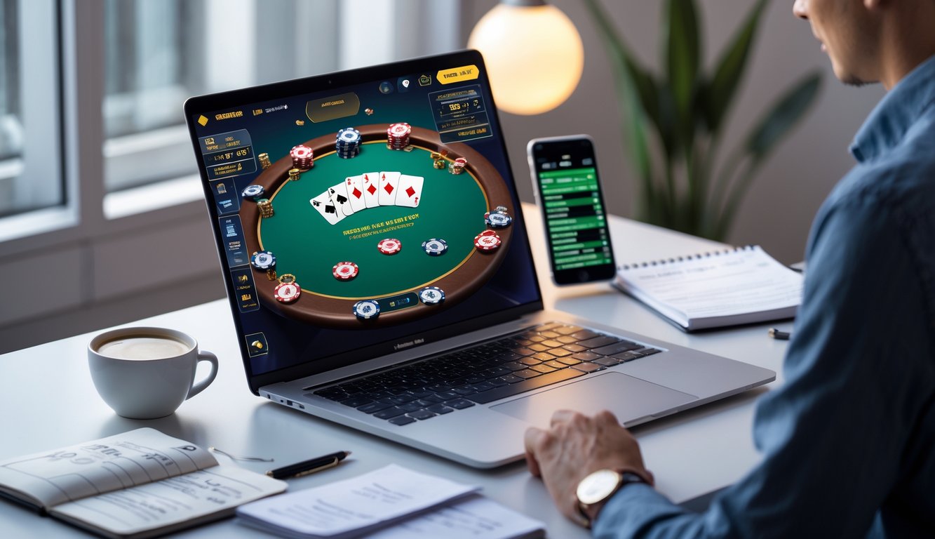 Seorang pemain duduk di depan komputer yang menampilkan permainan poker online dengan kartu dan chip di layar, di meja terdapat buku catatan dan ponsel dengan statistik poker.