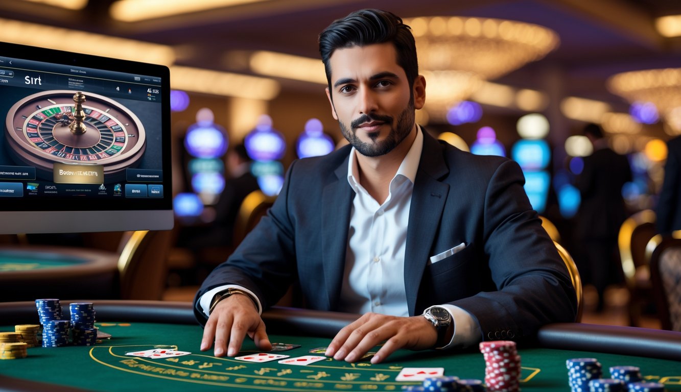 Seorang pria duduk di meja kasino dengan chip poker dan kartu bermain, fokus pada permainan kasino langsung.