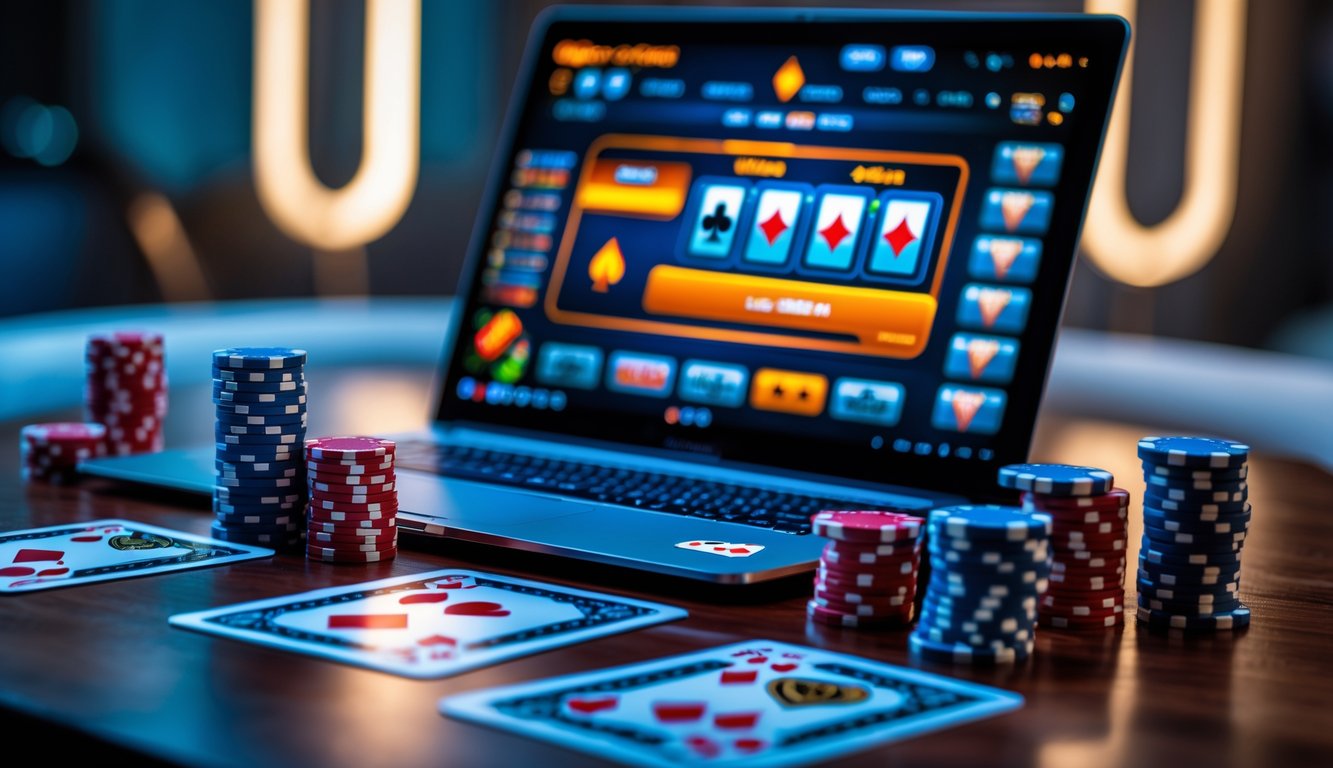 Seorang pemain poker sedang fokus bermain poker online di depan laptop dengan kartu dan chip poker di meja kayu.