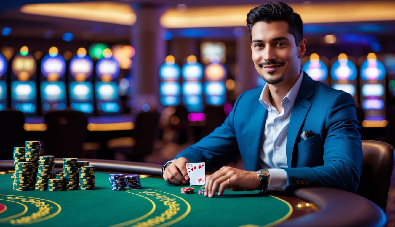 Seorang pria duduk di meja kasino dengan kartu dan chip, terlihat fokus dan percaya diri dalam suasana kasino yang ramai.