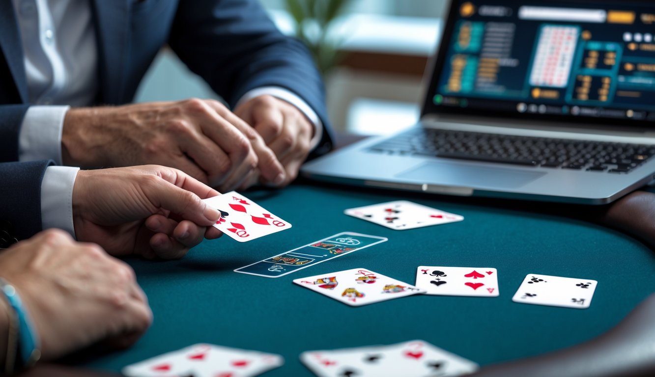 Tangan seseorang memegang kartu poker di atas meja poker modern dengan laptop yang menampilkan permainan poker online.