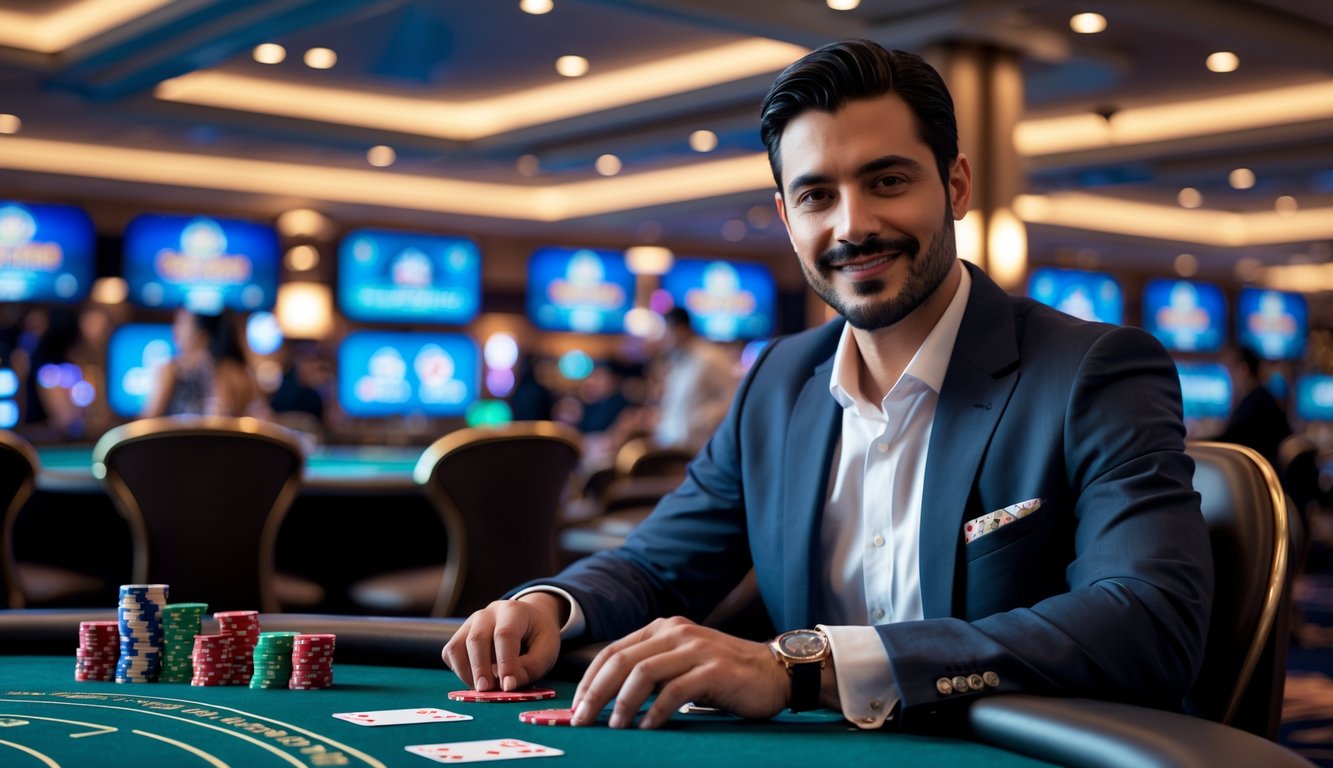 Seorang pria percaya diri duduk di meja kasino dengan kartu dan chip, di latar belakang suasana kasino yang hidup dan elegan.