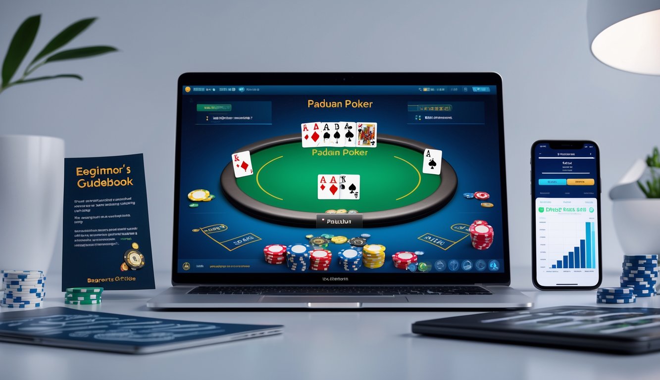Seseorang sedang bermain poker online di depan komputer dengan kartu dan chip, dikelilingi buku panduan dan catatan strategi.