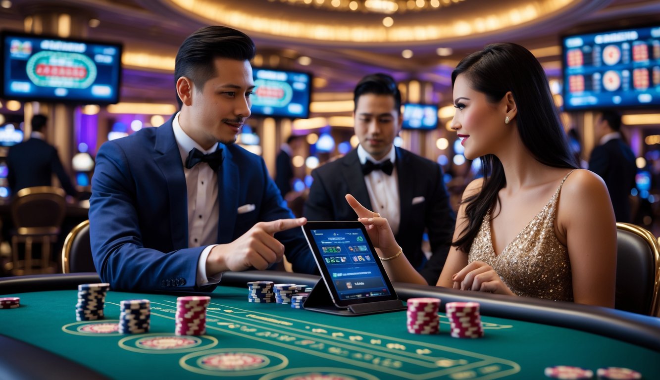 Dua orang sedang berdiskusi serius di meja kasino dengan kartu dan chip, di latar belakang suasana kasino langsung yang ramai.