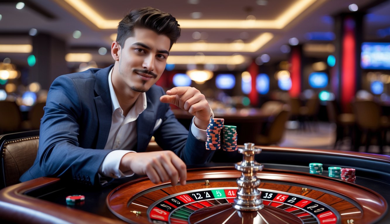 Seorang pria muda duduk di meja roulette di dalam kasino dengan ekspresi fokus sambil memegang chip poker.