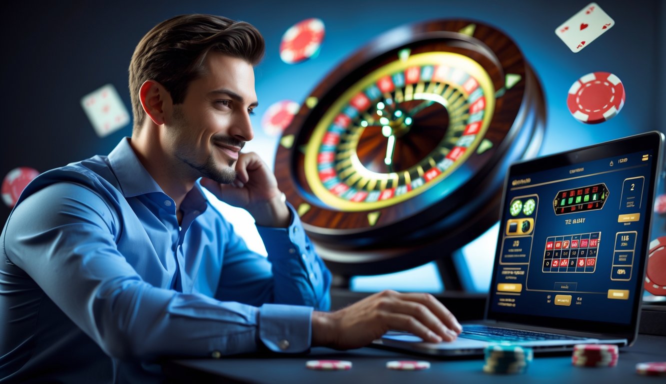 Seorang pria duduk di depan laptop dengan tampilan roda roulette digital, di sekelilingnya terdapat chip poker dan kartu remi.