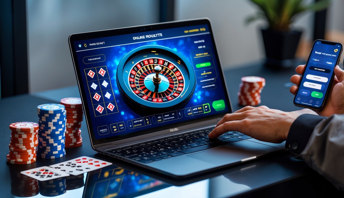Seseorang sedang bermain roulette online di depan komputer dengan chip dan kartu poker di meja.