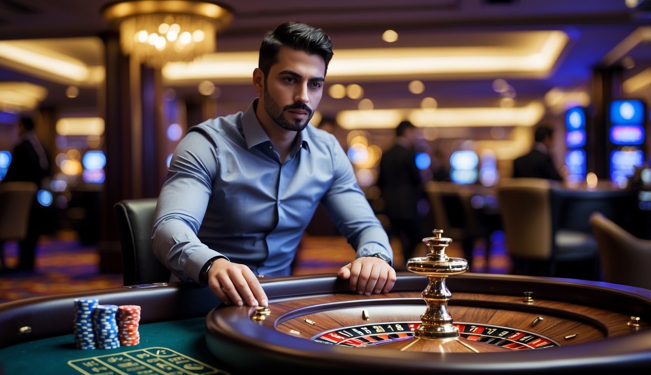 Seorang pria fokus duduk di meja roulette dengan tumpukan chip di depan, di dalam kasino mewah yang ramai.