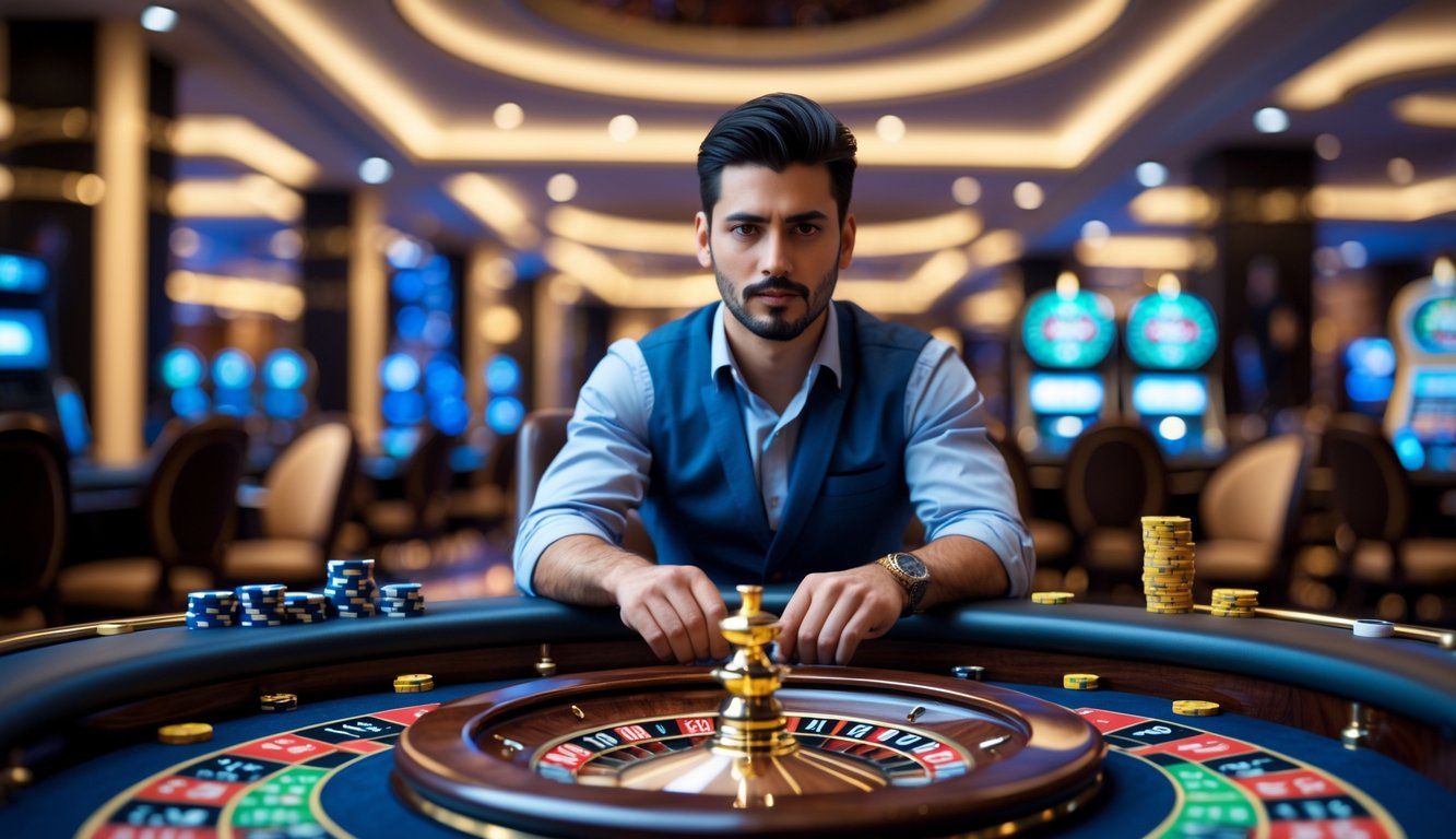 Seorang pria duduk di meja roulette dengan ekspresi fokus di kasino yang mewah dan terang.