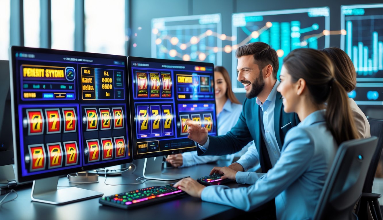 Orang-orang menggunakan komputer dengan layar menampilkan permainan slot online yang terintegrasi di lingkungan kantor modern.