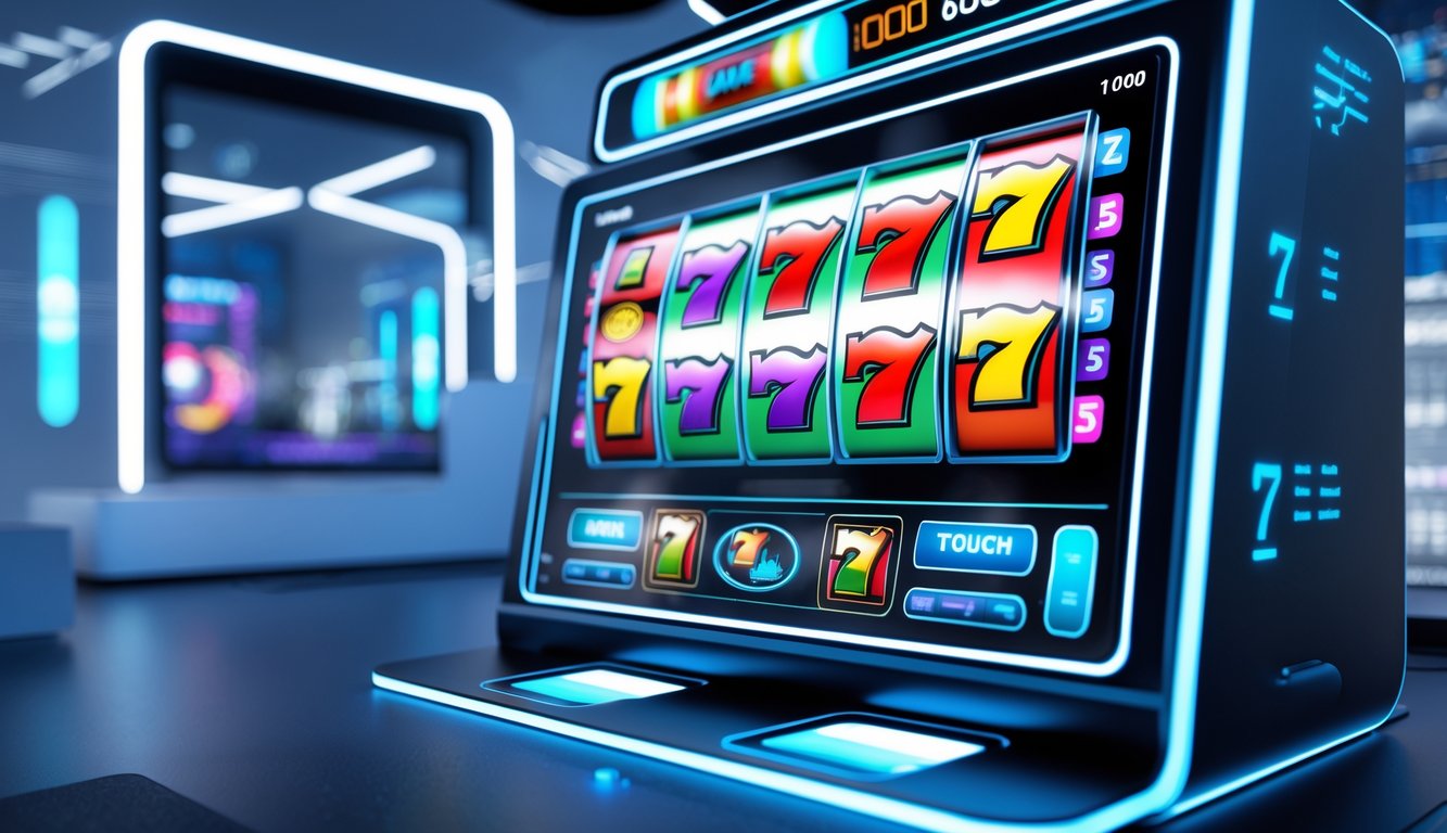 Tampilan mesin slot online modern dengan layar digital berwarna cerah dan elemen interaktif di latar belakang teknologi.