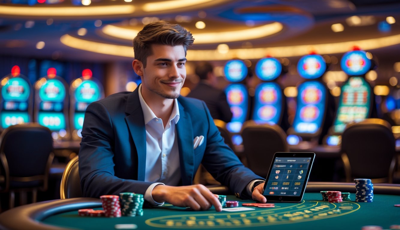 Seorang pria muda duduk di meja kasino dengan chip poker dan kartu bermain, terlihat fokus dan percaya diri di lingkungan kasino live yang modern.