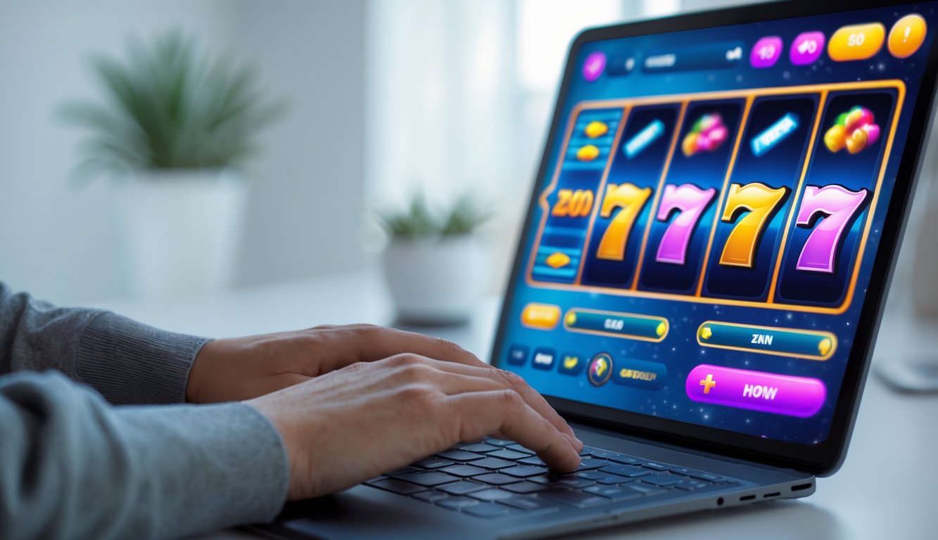 Seseorang menggunakan laptop dengan permainan slot online yang responsif dan stabil di layar.