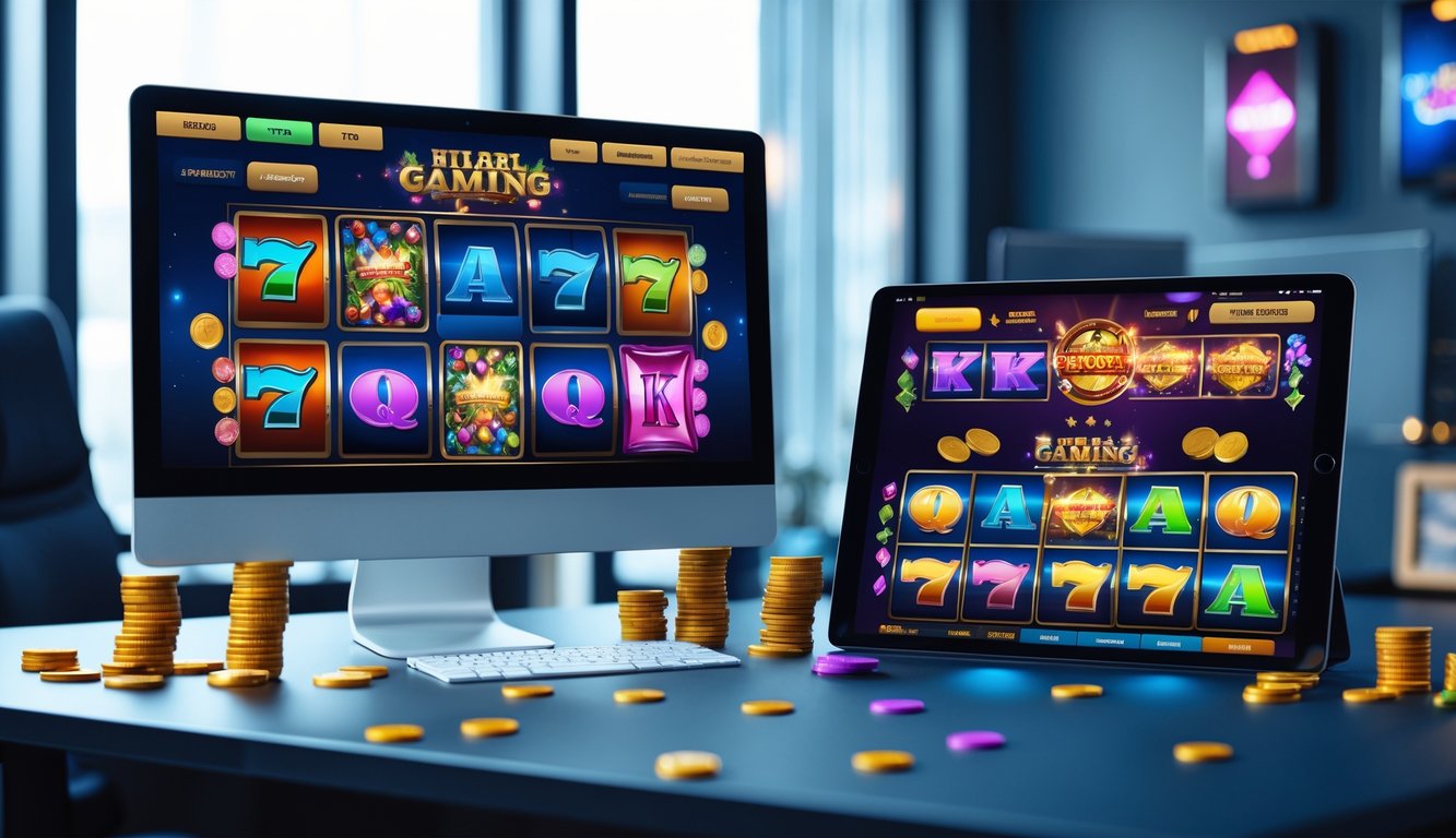 Suasana ruang kantor modern dengan komputer dan tablet menampilkan layar permainan slot online yang berwarna-warni dan lengkap.