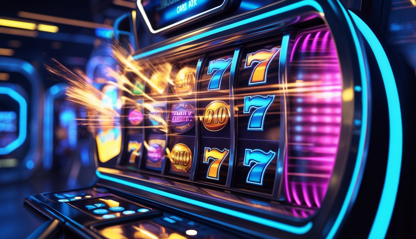 Mesin slot online modern dengan gulungan berputar yang dinamis dan latar belakang futuristik.